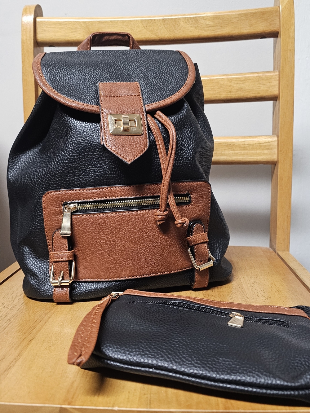 Black Brown Faux Leather Backpack Travel Vacation Medium Multipurpose Diaper Bag